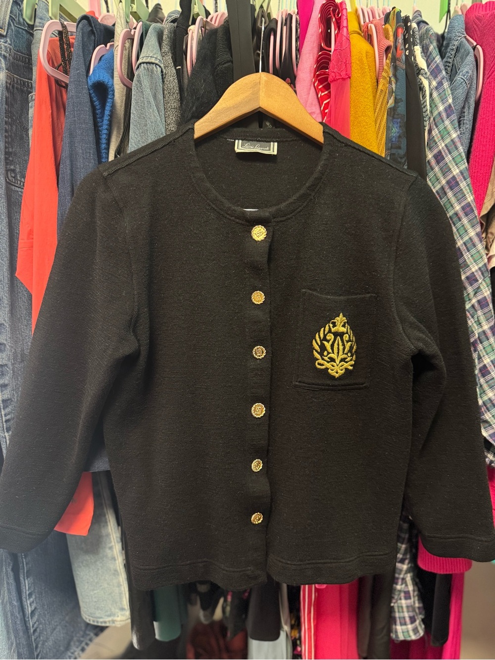 Vintage Luisa Spagnoli Cardigan Black Gold Metallic Bullion Crest Knit Italy